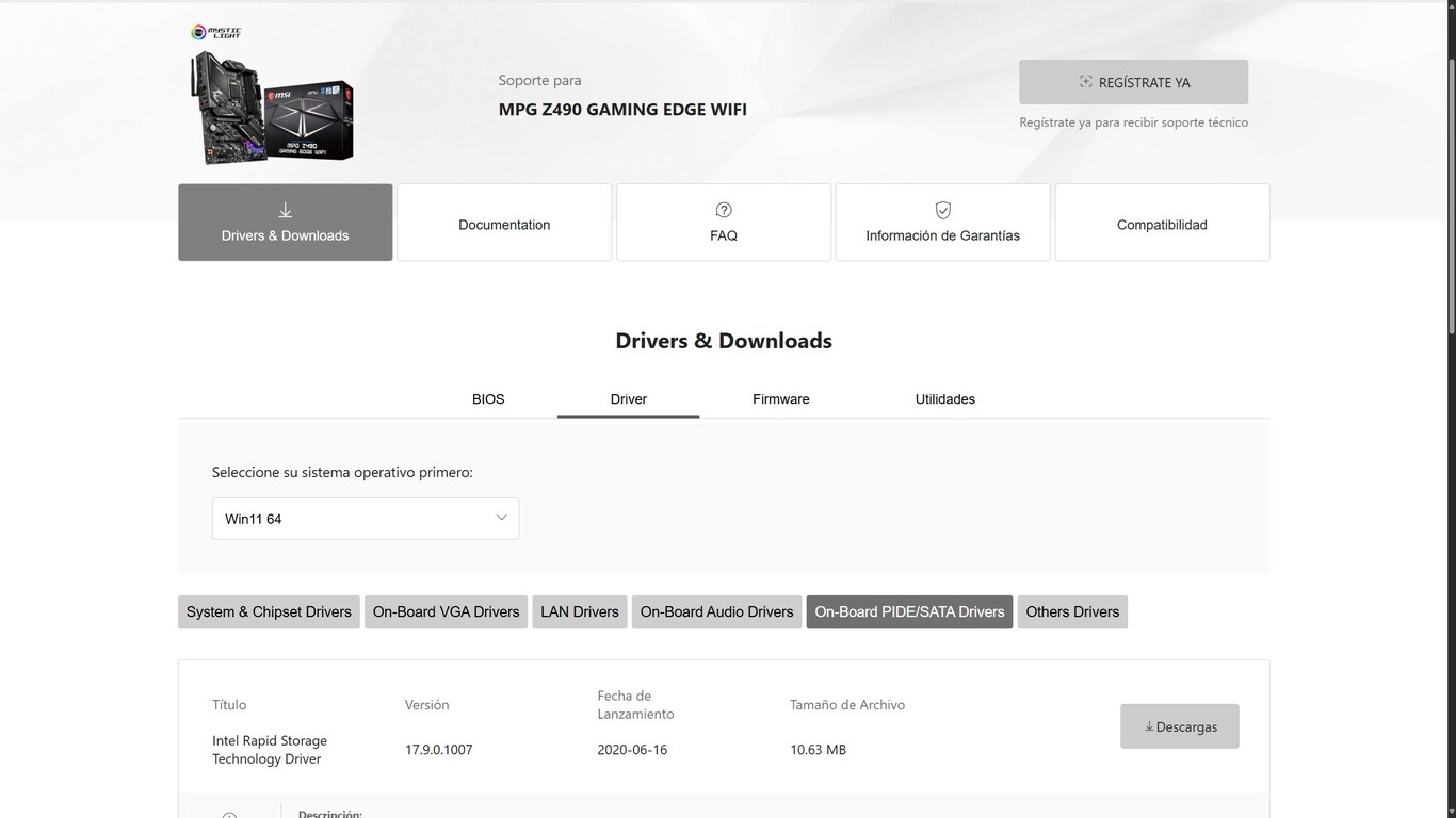 Esempio del sito web di MSI con i driver disponibili